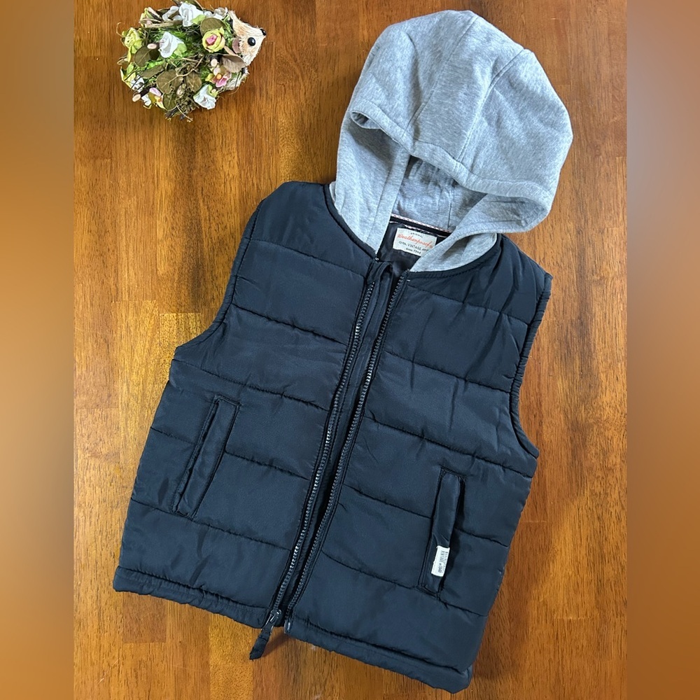 Boys Navy Blue Puffer Vest with Gray Hoodie | Size 6 | Weatherproof Vintage